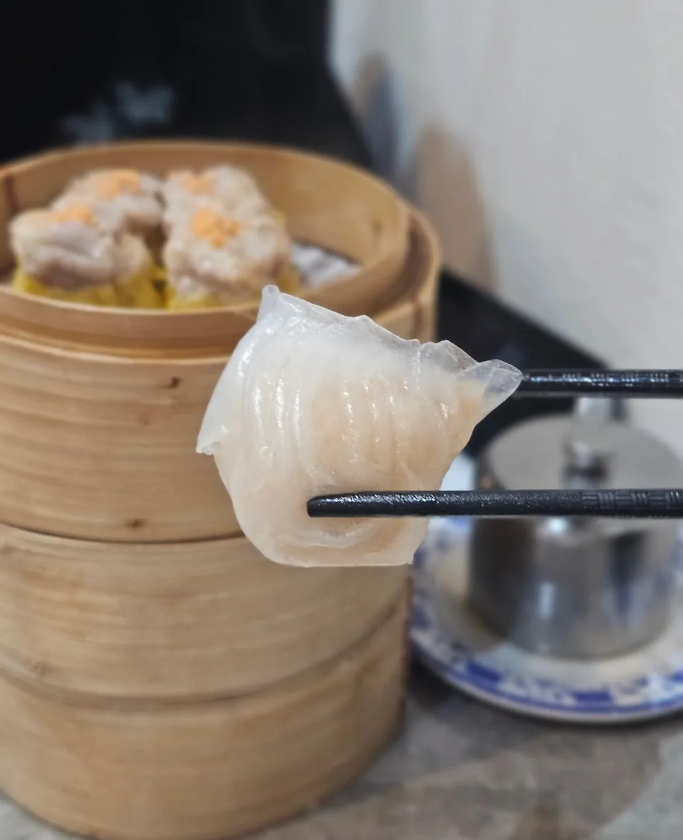Close-up of har gow filling